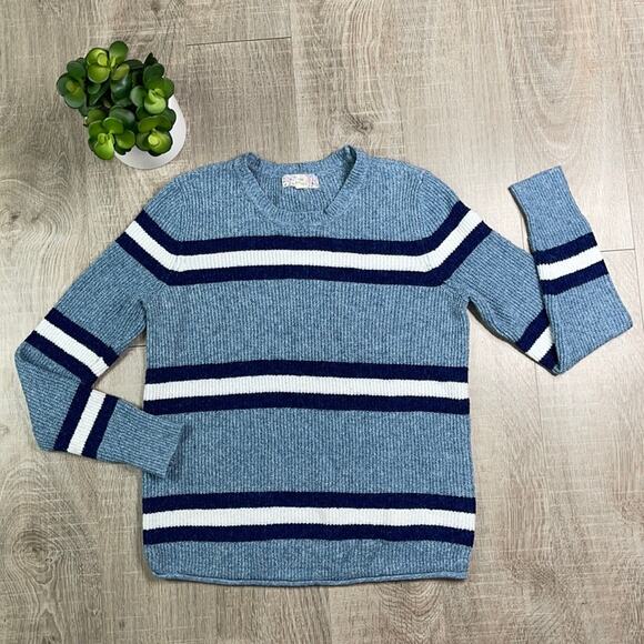 PINK REPUBLIC Blue Striped Round Neck Long Sleeve Pullover Sweater - Picture 1 of 8